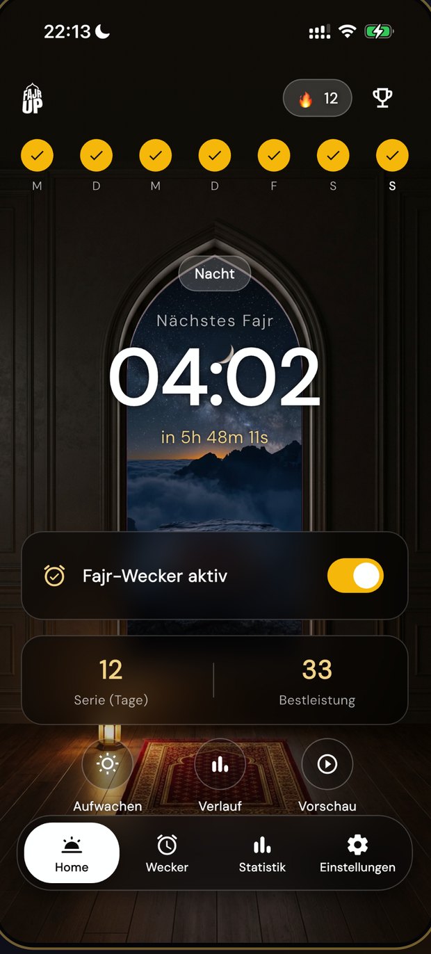 Fajr Up home screen: next Fajr 04:02, alarm armed, 12-day streak