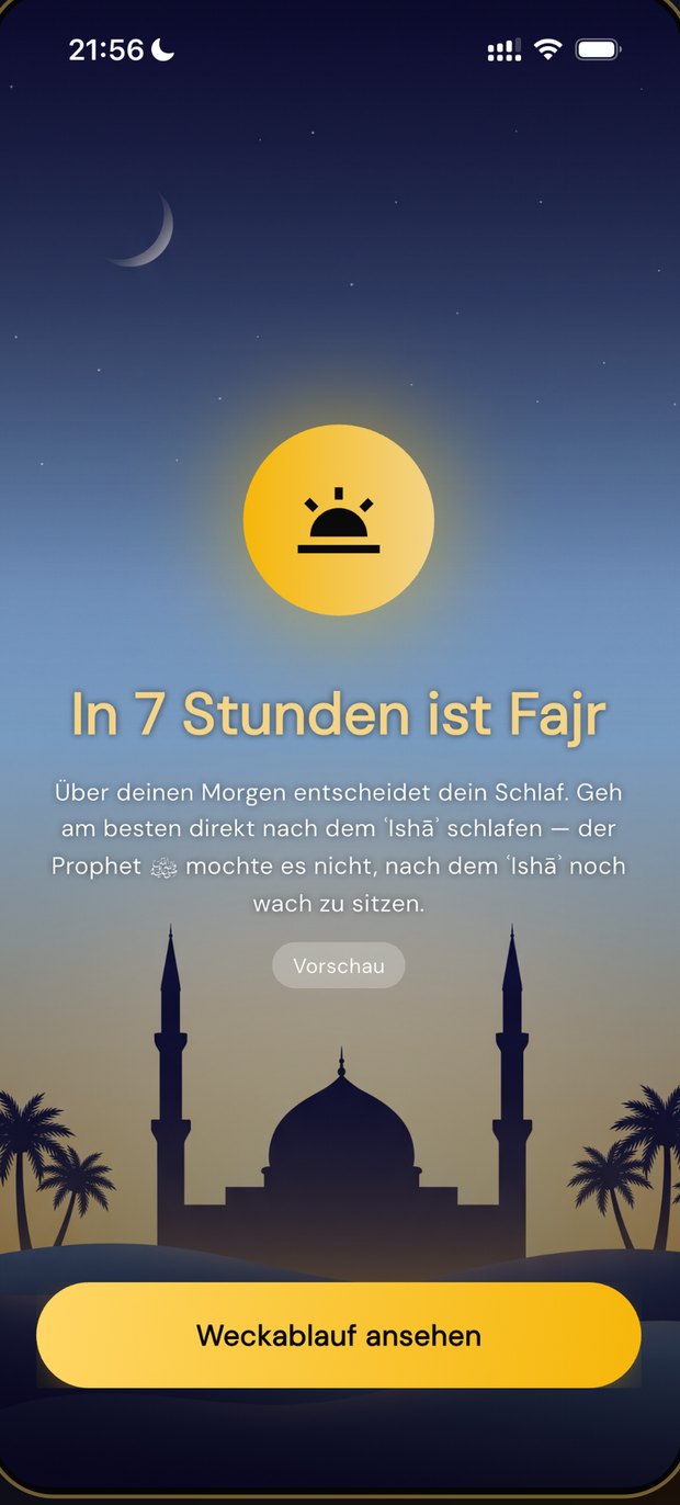 Evening screen: Fajr in 7 hours — plan your sleep